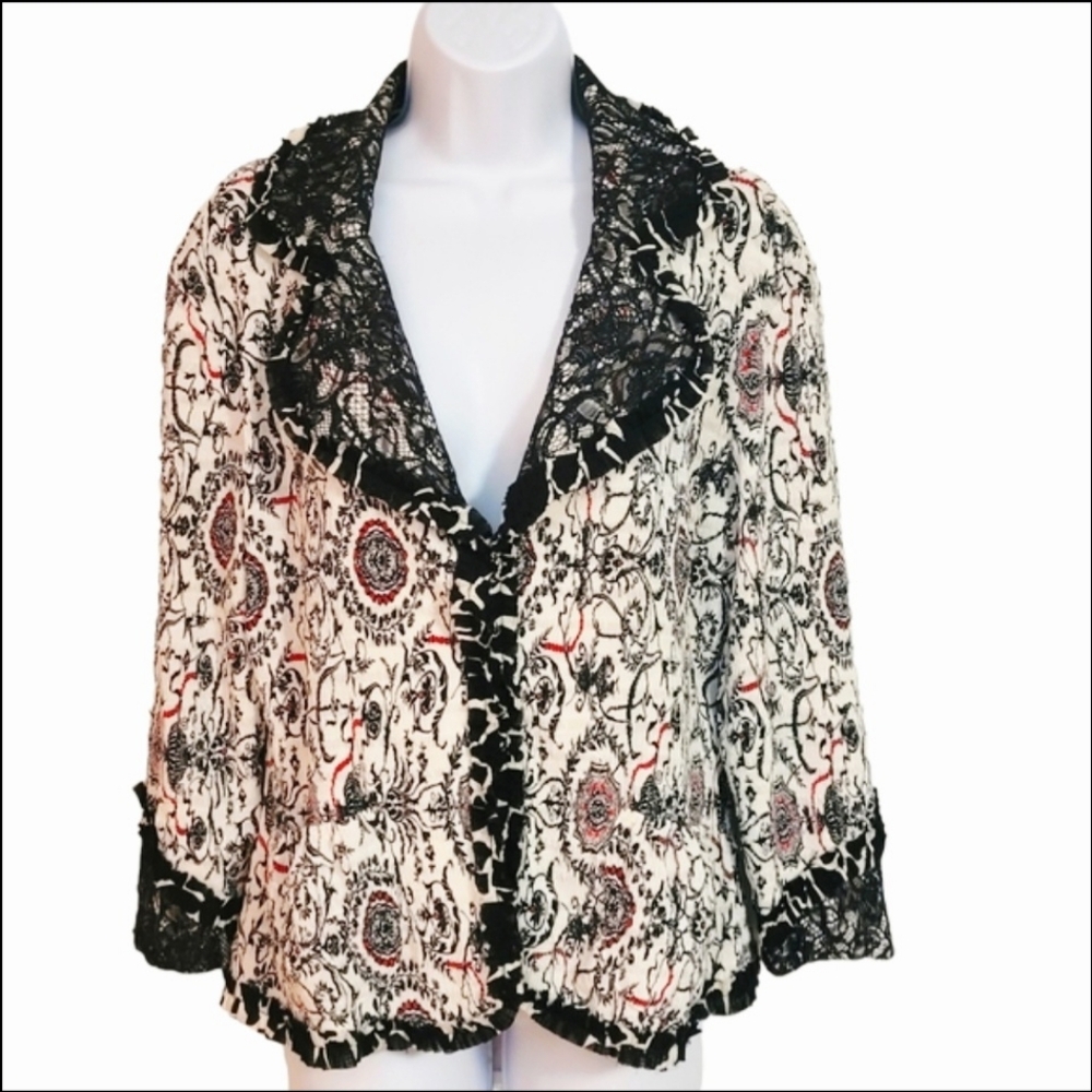 Alberto Makali Boho Lace Trim Medallion Jacket Crinkle Knit Art-To-Wear Y2K XL - Picture 3 of 15